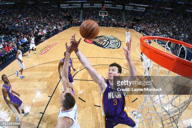 Omer Asik of the New Orleans Pelicans goes to the basket against the LA Clippers on January 28, 2018 at Smoothie King Center in New Orleans,...