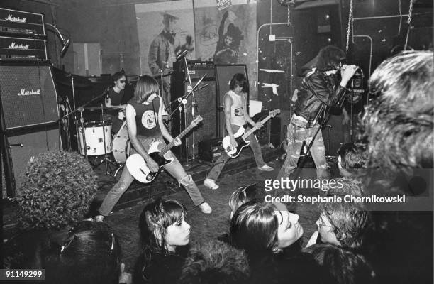 Photo of RAMONES, American punk group The Ramones performing on stage at CBGB'S in new York City, circa 1976. Left to right: Tommy Ramone, Johnny...