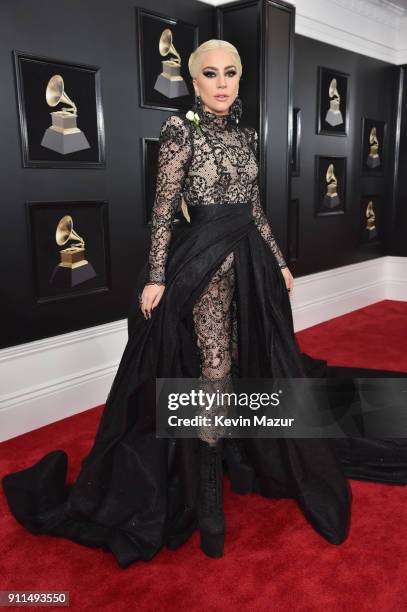 Recording artist Lady Gaga, white rose detail, attends the 60th Annual GRAMMY Awards at Madison Square Garden on January 28, 2018 in New York City.