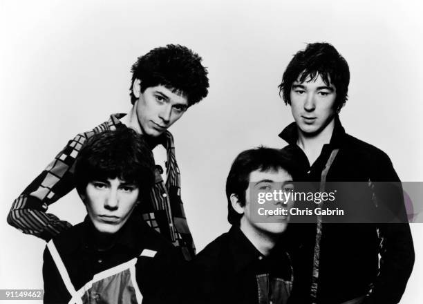 Photo of BUZZCOCKS and John MAHER and Steve GARVEY and Pete SHELLEY and Steve DIGGLE; Posed studio group portrait - John Maher, Steve Garvey, Pete...