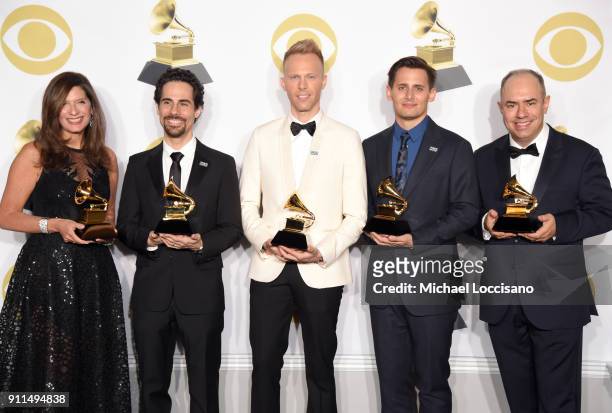 Producers Stacey Mindich, Alex Lacamoire, Justin Paul, Benj Pasek and Pete Ganbarg, winners of Best Musical Theatre Album for 'Dear Evan Hansen' pose...