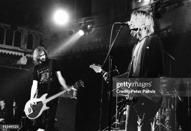 25th NOVEMBER: Bassist Krist Novoselic and guitarist Kurt Cobain from American rock band Nirvana perform live on stage at Paradiso in Amsterdam,...