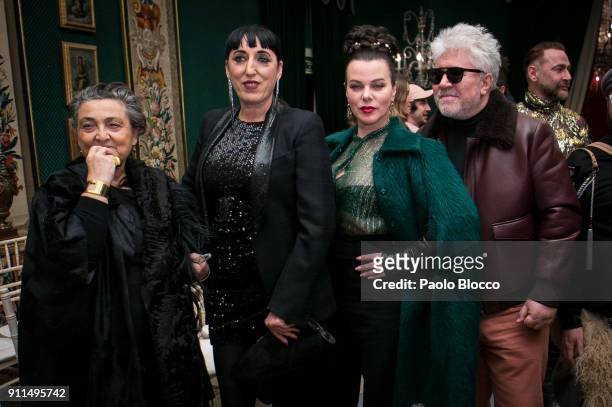 Elena Benarroch, actresses Rossy de Palma, Debi Mazar and Pedro Almodovar attend the front row of Palomo Spain show during Mercedes Benz Fashion Week...