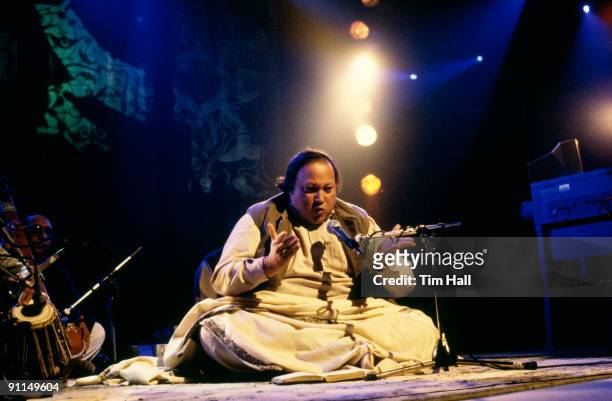 1st FEBRUARY: Pakistani musician Nusrat Fateh Ali Khan performs live on stage on the TV show 'Big World Cafe' in February 1989.