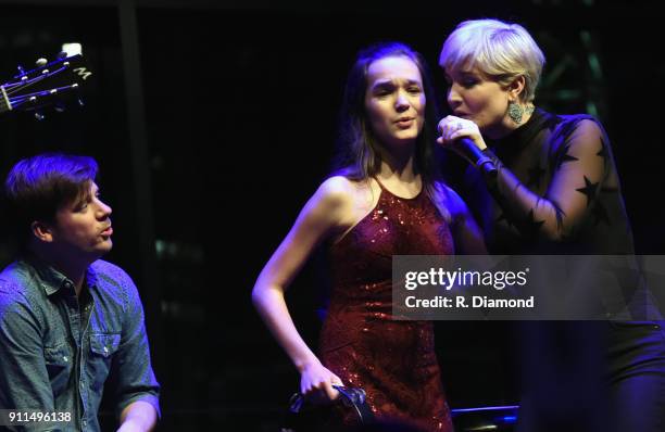 Percussionist Extraordinaire Austin Marshall, Make-A-Wish kid Jessica Meyers and musician Maggie Rose perform onstage during Make-A-Wish Middle...