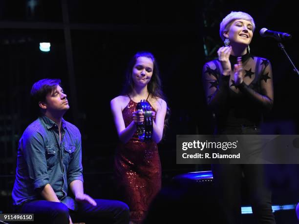 Percussionist Extraordinaire Austin Marshall, Make-A-Wish kid Jessica Meyers and musician Maggie Rose perform onstage during Make-A-Wish Middle...