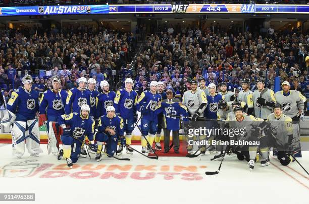 Members of the Atlantic Division and Metropolitan Division pose for a group photo during the 2018 Honda NHL All-Star Game between the Atlantic...