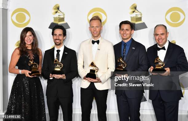 Producers Stacey Mindich, Alex Lacamoire, Justin Paul, Benj Pasek and Pete Ganbarg, winners of Best Musical Theatre Album for 'Dear Evan Hansen' pose...