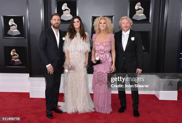 Jimi Westbrook, Karen Fairchild, Kimberly Schlapman, and Philip Sweet of musical group Little Big Town attends the 60th Annual GRAMMY Awards at...