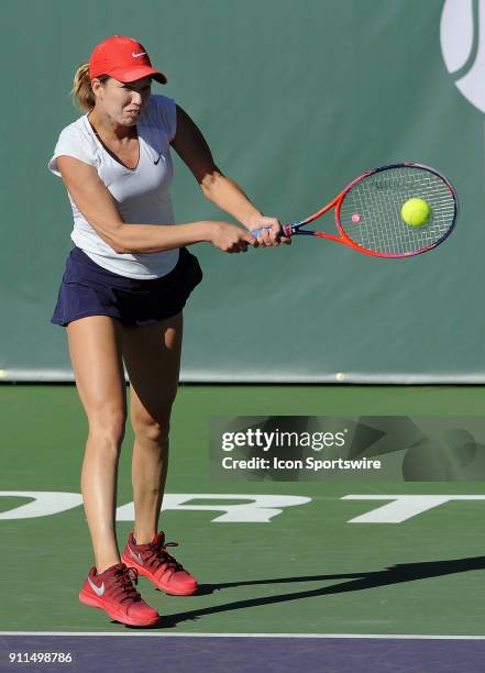 Danielle Collins returns a shot during a finals match against Sofya Zhuk during the Oracle Challenger Series tournament played on January 28, 2018 at...