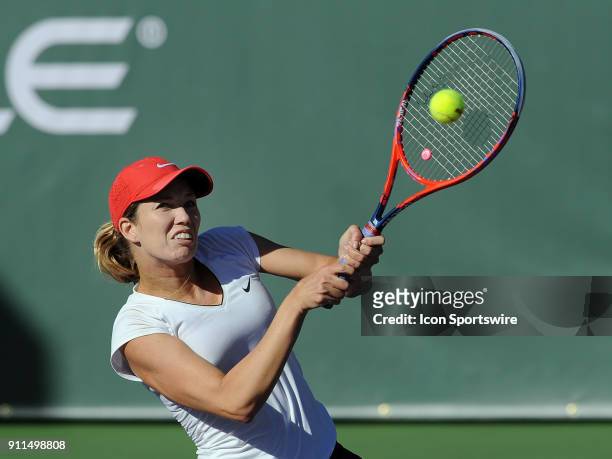 Danielle Collins returns a shot during a finals match against Sofya Zhuk during the Oracle Challenger Series tournament played on January 28, 2018 at...