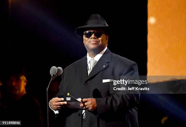 The Recording Academy's chairman of the board Jimmy Jam speaks onstage at the premiere ceremony during the 60th Annual GRAMMY Awards at Madison...