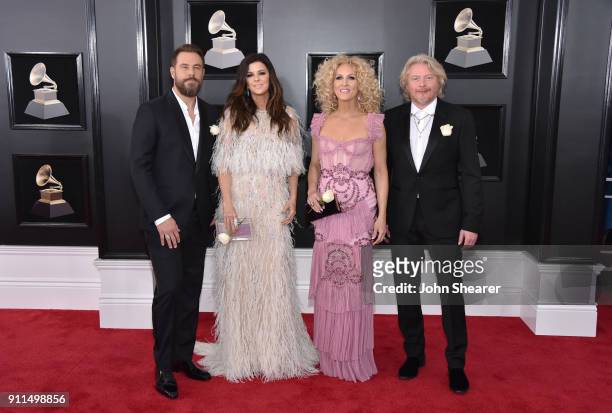 Jimi Westbrook; Karen Fairchild, Kimberly Schlapman; Phillip Sweet of Little Big Town attend the 60th Annual GRAMMY Awards at Madison Square Garden...