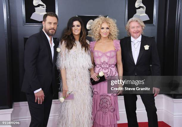 Recording artists Jimi Westbrook, Karen Fairchild, Kimberly Schlapman, and Phillip Sweet of music group Little Big Town attend the 60th Annual GRAMMY...