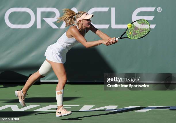 Sofya Zhuk runs after a returns a ball during a finals match against Danielle Collins during the Oracle Challenger Series tournament played on...