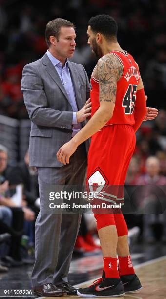 Head coach Fred Hoiberg of the Chicago Bulls gives instructions to Denzel Valentine during a game against the Milwaukee Bucks at the United Center on...
