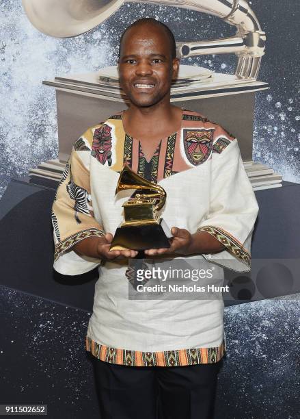 Recording artists Ladysmith Black Mambazo, winners of Best World Music Album for 'Shaka Zulu Revisited: 30th Anniversary Celebration', poses...