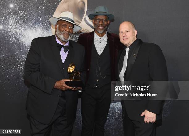 Taj Mahal and Keb Mo, winners of Best Contemporary Blues Album, pose backstage with Chair of the Board for The Recording Academy John Poppo at the...