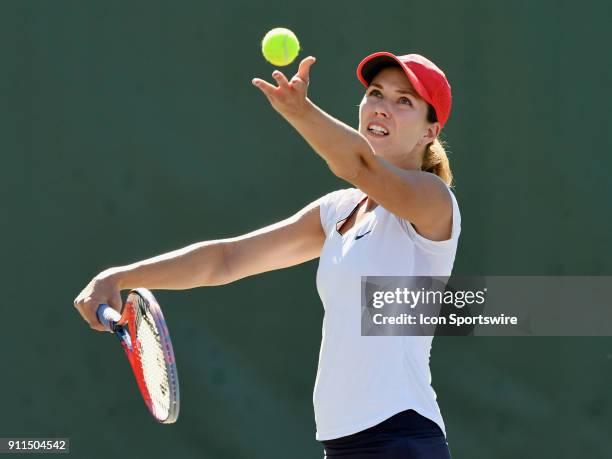 Danielle Collins serving during a finals match against Sofya Zhuk during the Oracle Challenger Series tournament played on January 28, 2018 at the...