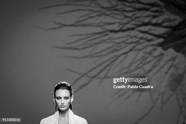 Model walks the runway at the Marcos Luengo show during the Mercedes-Benz Madrid Fashion Week Autumn/Winter 2018 at Ifema on January 25, 2018 in...