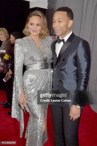 Personality Chrissy Teigen and recording artist John Legend attend the 60th Annual GRAMMY Awards at Madison Square Garden on January 28, 2018 in New...