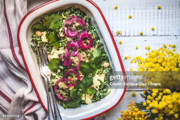 creamy kale salad with pickles and parmesan - gemüsezwiebel stock-fotos und bilder