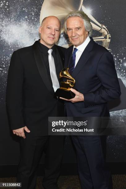 Chair of the Board for The Recording Academy John Poppo and Recording artist John McLaughlin, winner of Best Improvised Jazz Solo for Miles Beyond...