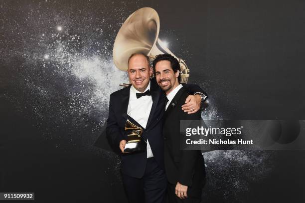 Record producer Pete Ganbarg and recording artist Alex Lacamoire, winners of Best Musical Theatre Album for 'Dear Evan Hansen', pose backstage at the...