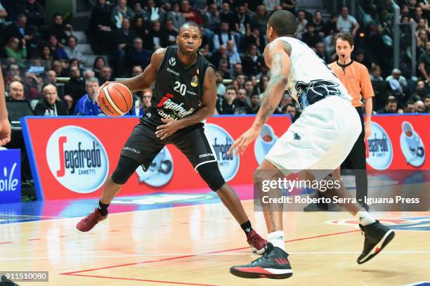 Oliver Lafayette of Segafredo competes with Joao Gomes of Dolomiti Energia during the LBA Lega Basket of Serie A match between Virtus Segafredo...