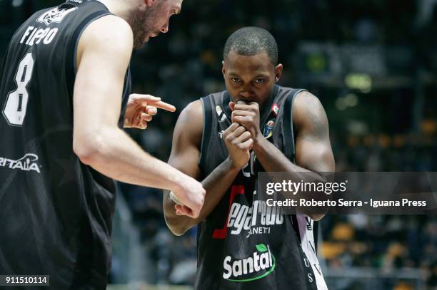 Filippo Baldi Rossi and Oliver Lafayette of Segafredo talks over during the LBA Lega Basket of Serie A match between Virtus Segafredo Bologna and...