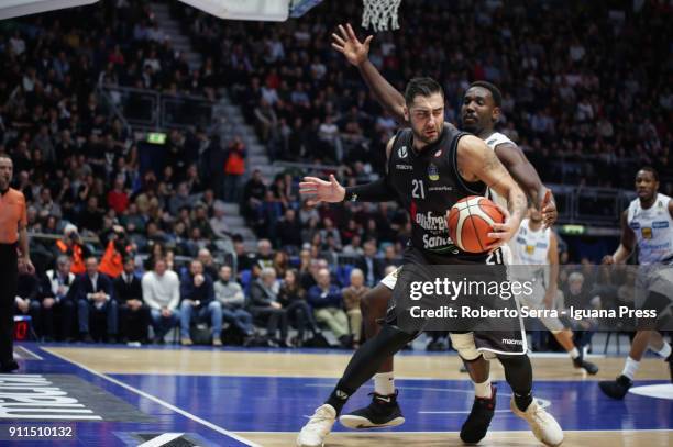 Pietro Aradori of Segafredo competes with Dustin Hogue of Dolomiti Energia during the LBA Lega Basket of Serie A match between Virtus Segafredo...