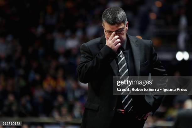 Alessandro Ramagli head coach of Segafredo thinks over during the LBA Lega Basket of Serie A match between Virtus Segafredo Bologna and Aquila...