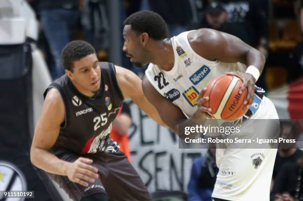 Dustin Hogue of Dolomiti Energia competes with Kenny Lawson of Segafrdo during the LBA Lega Basket of Serie A match between Virtus Segafredo Bologna...