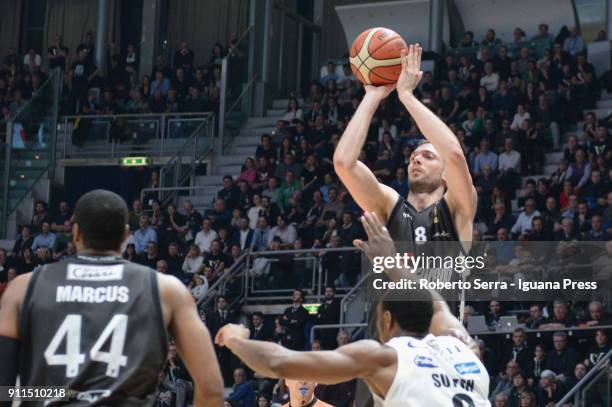 Filippo Baldi Rossi and Marcus Slaughter of Segafredo competes with Dominique Sutton of Dolomiti Energia during the LBA Lega Basket of Serie A match...