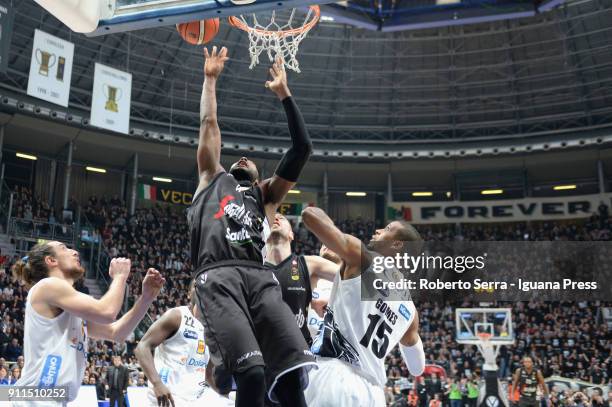 Marcus Slaughter and Filippo Baldi Rossi of Segafredo competes with Toto Forray and Dustin Hogue and Joao Gomes of Dolomiti Energia during the LBA...