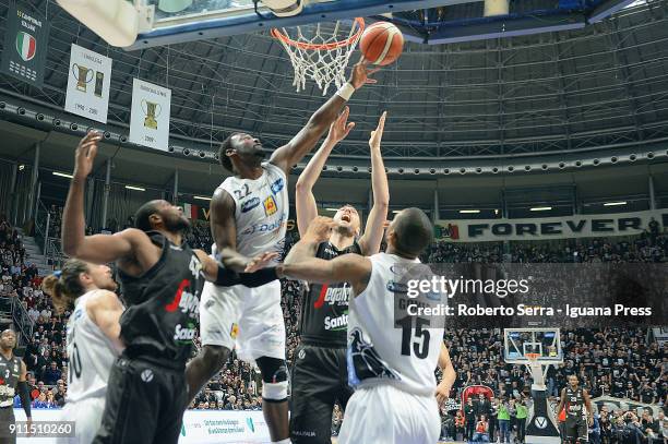 Dustin Hogue and Toto Forray and Joao Gomes of Dolomiti Energia competes with Marcus Slaughter and Filippo Baldi Rossi of Segafrdo during the LBA...