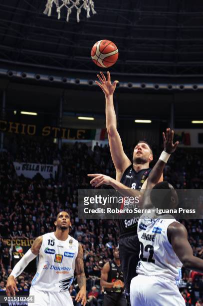 Filippo Baldi Rossi of Segafredo competes with Dustin Hogue and Joao Gomes of Dolomiti Energia during the LBA Lega Basket of Serie A match between...