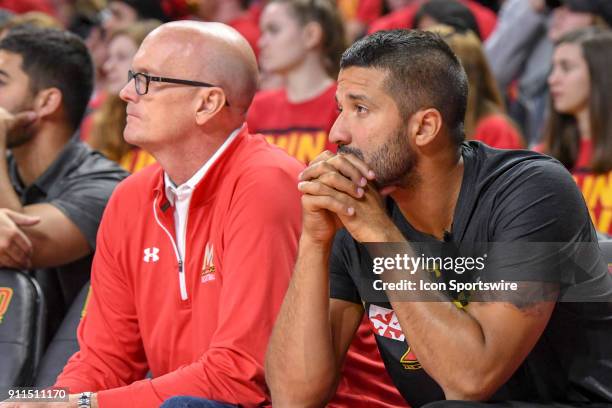 Broadcaster Scott Van Pelt sits with former Maryland Terrapins star and NBA player, Greivis Vasquez on January 28 at Xfinity Center in College Park,...
