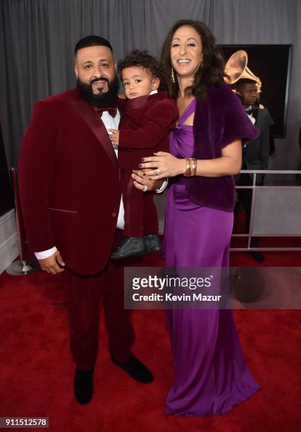 Recording artist DJ Khaled, son Asahd Tuck Khaled and wife Nicole Tuck attend the 60th Annual GRAMMY Awards at Madison Square Garden on January 28,...