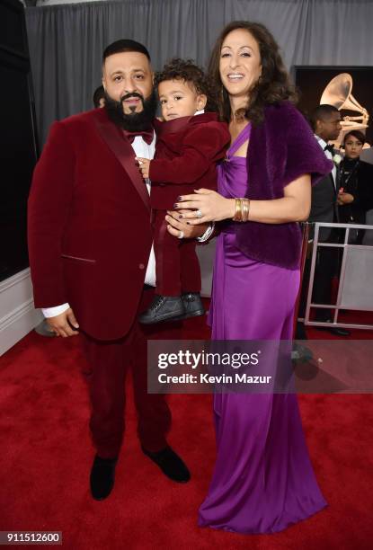 Recording artist DJ Khaled, son Asahd Tuck Khaled and wife Nicole Tuck attend the 60th Annual GRAMMY Awards at Madison Square Garden on January 28,...