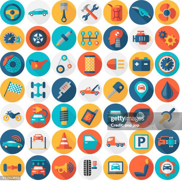 autoteile service garage transportieren isoliert icons - flach rund farbe - auto repair shop stock-grafiken, -clipart, -cartoons und -symbole