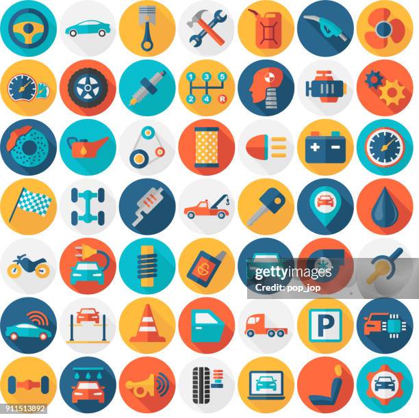 car service garage parts transport isolated icons - flat round color - tyre icon stock illustrations