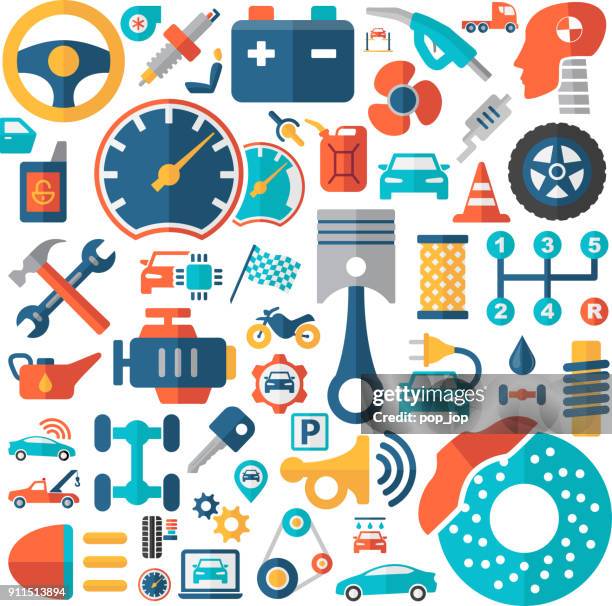 stockillustraties, clipart, cartoons en iconen met auto garage serviceonderdelen vervoer geïsoleerde icons - egale kleurset - flat tyre