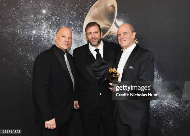 Chair of the Board for The Recording Academy John Poppo and Brad Sayles and Hans Graf, winners of Best Opera Recording pose backstage at the Premiere...