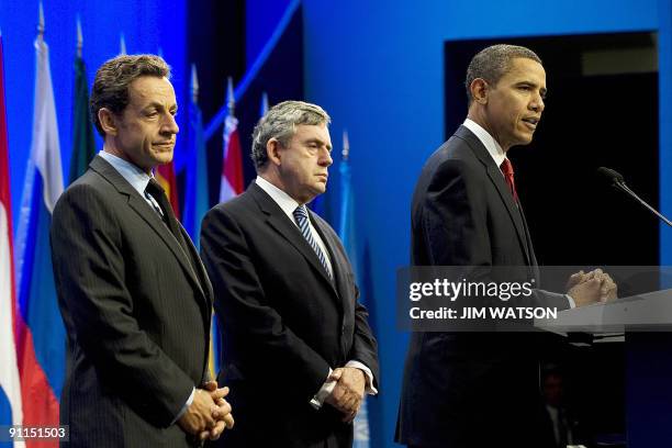 President Barack Obama makes a statement on Iran with British Prime Minister Gordon Brown and French President Nicolas Sarkozy at the G20 summit in...