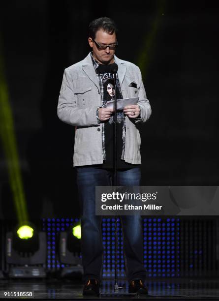 Adult film director/producer Kevin Moore speaks about his late wife, adult film actress August Ames, during the 2018 Adult Video News Awards at The...