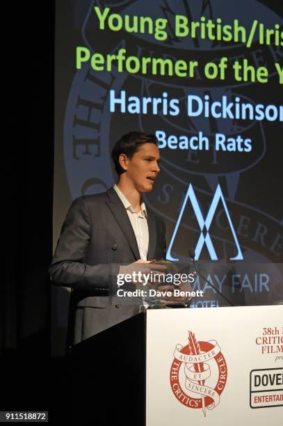 Harris Dickinson, winner of the Young Performer of the Year award, attends the London Film Critics' Circle Awards 2018 at The May Fair Hotel on...