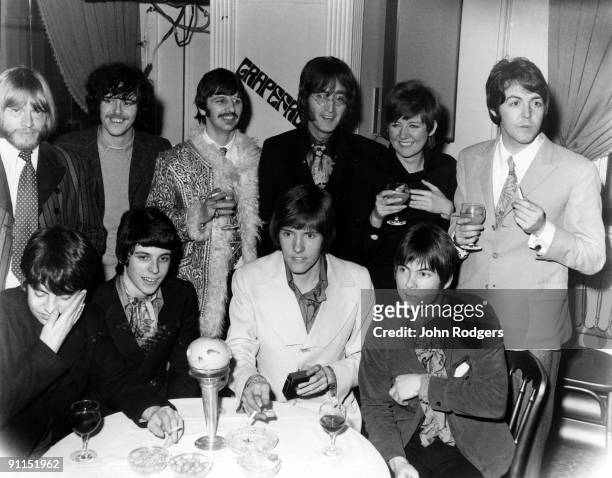 Photo of Cilla Black and Brian JONES and GRAPEFRUIT and BEATLES; L-R Brian Jones, Donovan,Ringo Starr, John Lennon, Cilla Black, Paul McCartney at...