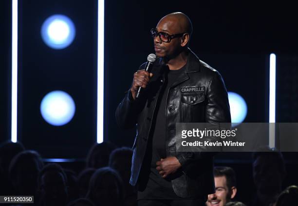 Comedian Dave Chappelle speaks onstage during the 60th Annual GRAMMY Awards at Madison Square Garden on January 28, 2018 in New York City.