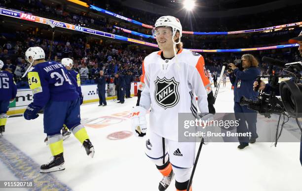 Brock Boeser of the Vancouver Canucks reacts after winning MVP during the 2018 Honda NHL All-Star Game between the Atlantic Division and the Pacific...